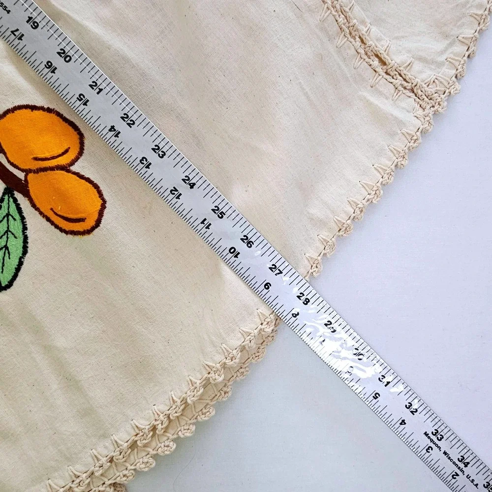 Vintage Embroidered Fruit Round Tablecloth and 6 Napkins Set Crochet Lace Trim
